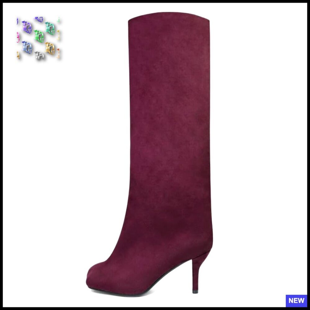 Suede Knee High Boots Wide Calf Square Toe Slouchy Fashion Booties Women - Picture 2 of 3